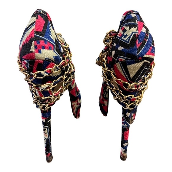 Redkiss Chain 6” Stiletto Heel Size 8.5 Blue Multi Color Geo Print Platform Clog - Picture 2 of 6